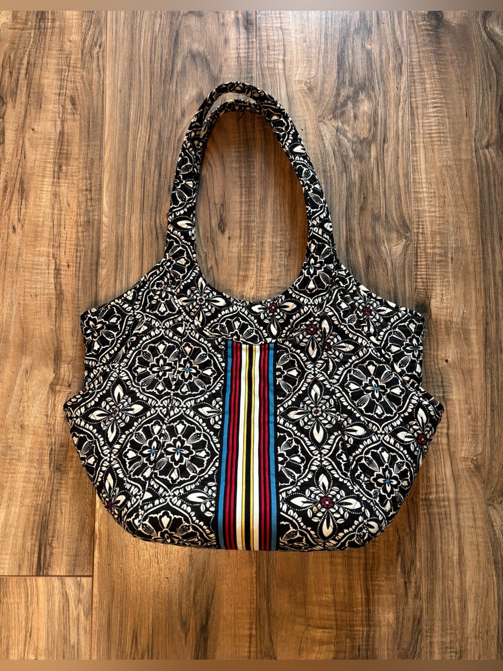 Vera Bradley Barcelona Retired 2010 Quilted Tote Bag Black White Rainbow Trim